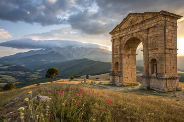 Ancient Roman arch stands in golden hour light with mountains and wildflowers