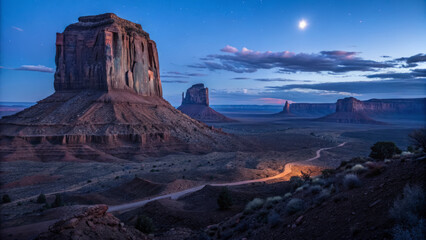 Fototapeta premium Monument Valley at twilight with winding road illuminated by golden light