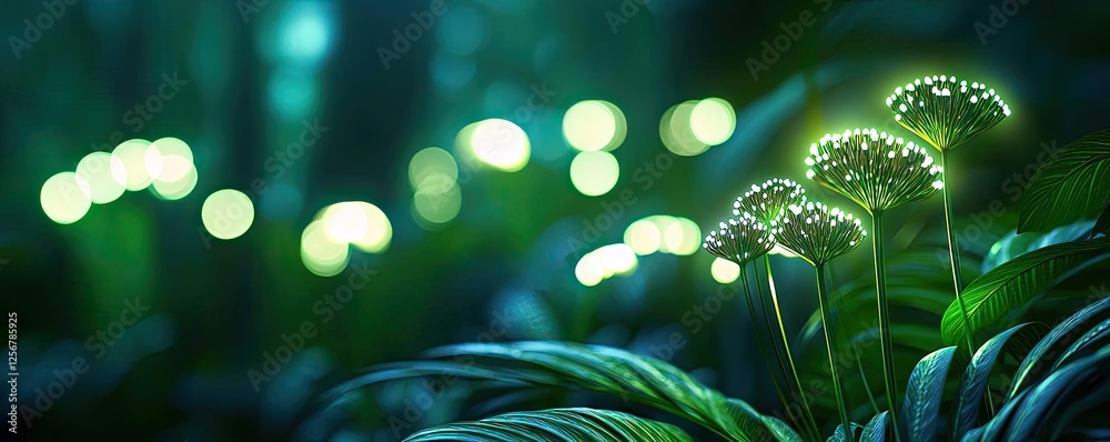 Poster Glow forest concept. Lush green plants illuminated by soft glowing lights in a serene forest setting.