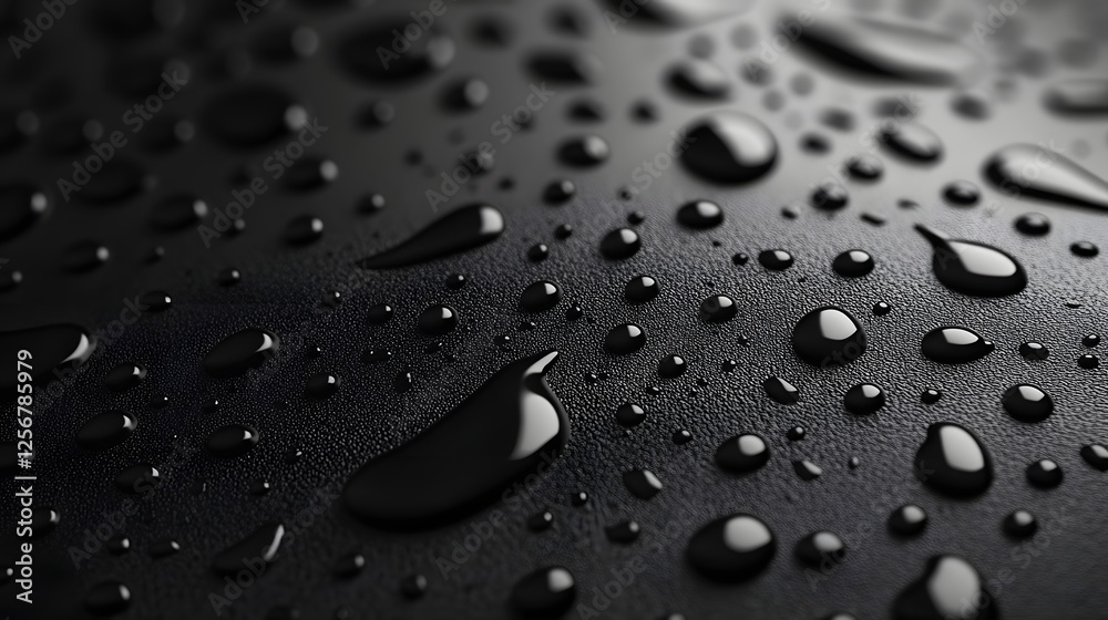 Poster Macro shot of water droplets on a dark, smooth surface. Abstract, glossy texture and reflective qualities Macro Texture Backgrounds. Abstract Macro Photography: Water Droplets on Dark Surface