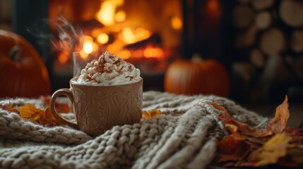 Cozy Coffee Mug with Whipped Cream Near Fireplace and Autumn Leaves