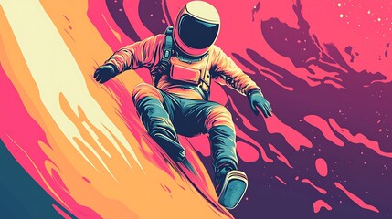 Astronaut surfing space, colorful abstract background, imaginative, space adventure, possible use for space tourism promotion