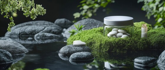 A serene scene featuring a jar on mossy stones by a tranquil water surface, surrounded by lush greenery.