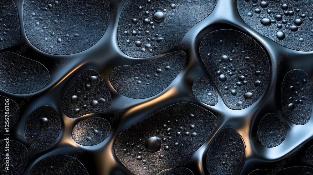 Poster Close-up of a 3D rendered dark metallic surface with water droplets. Abstract and textured. Macro Texture Backgrounds. Abstract Dark Metallic Surface with Water Droplets: A 3D Rendered Texture