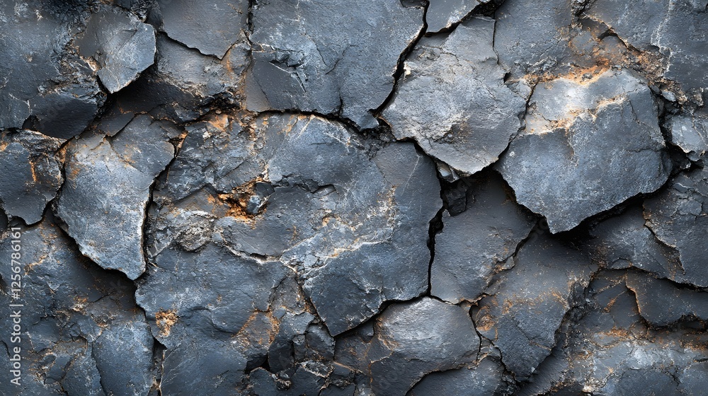 Poster Close-up view of a dark grey cracked rock surface. The texture is rough and irregular. Macro Texture Backgrounds. Abstract Dark Grey Cracked Rock Texture