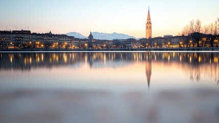 Fototapeta premium Cityscape sunset reflection, lake, mountains