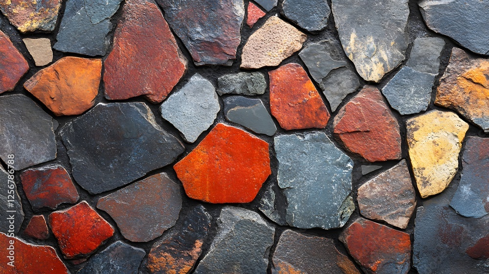 Poster Close-up view of a multicolored stone wall. Various shades and sizes of stones create a rich, textured pattern. Macro Texture Backgrounds. Vibrant Stone Wall Texture of Natural Stones