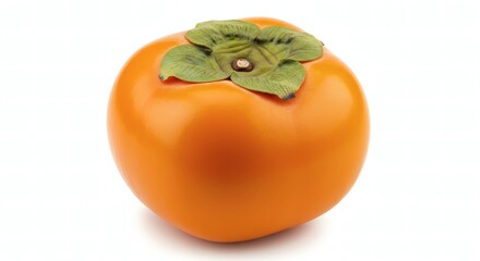 Vibrant Ripe Persimmon with Green Leafy Cap on White Background
