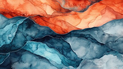Naklejka premium Abstract watercolor landscape, orange and blue mountains, flowing design, background texture, ideal for design