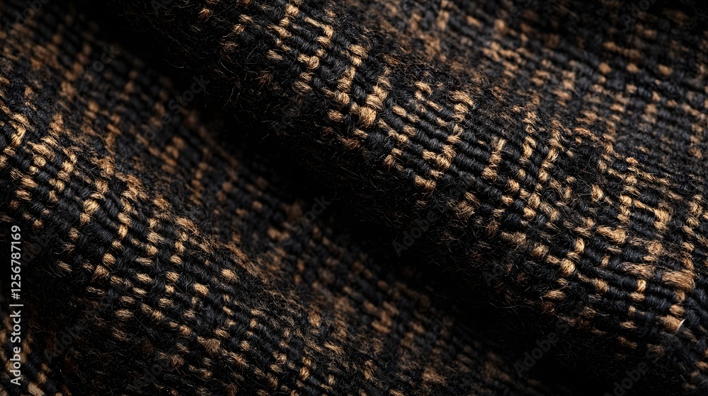 Poster close-up of a black and tan fabric showcasing its intricate woven texture. the detailed image highli
