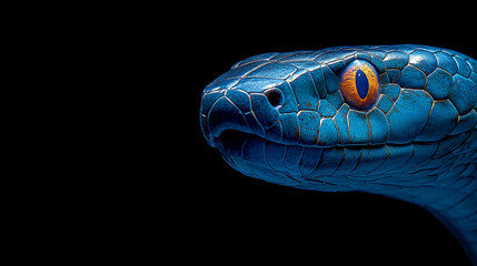 Close-Up Portrait of a Stunning Blue Snake with Intense Orange Eyes