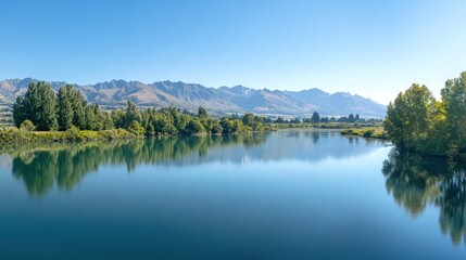 Obraz premium Serene Reflection: A Picturesque Lake in the New Zealand Mountains