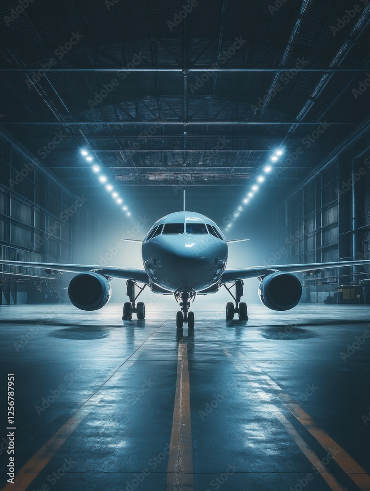 Poster modern airplane parked under bright lights in spacious hangar with shining floors and a sleek design