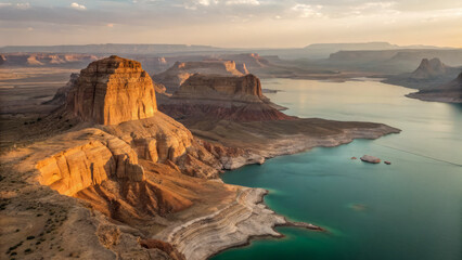 Majestic desert canyon landscape with towering rock formations and serene lake at sunset