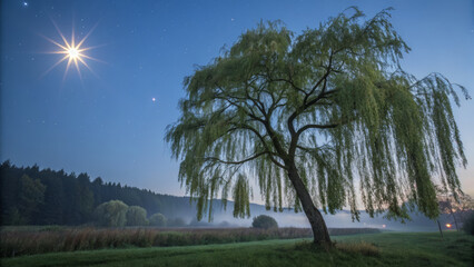 Obraz premium Willow tree under starry night sky with glowing moon, misty landscape in background