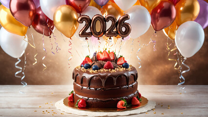 2026 happy new year. Chocolate cake illustration for greeting card and poster design.
