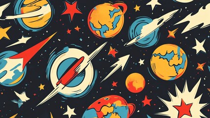 Naklejka premium Retro space pattern, planets, stars