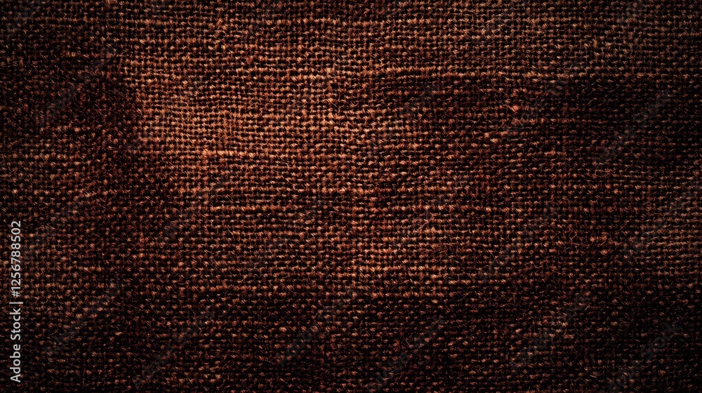 Poster close-up shot of dark brown burlap texture. rustic and coarse fabric ideal as background. macro text