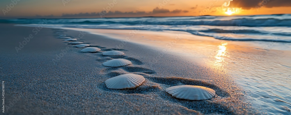 Sticker marine crawl pattern tranquil beach scene with footprints and shells under a stunning sunset sky and