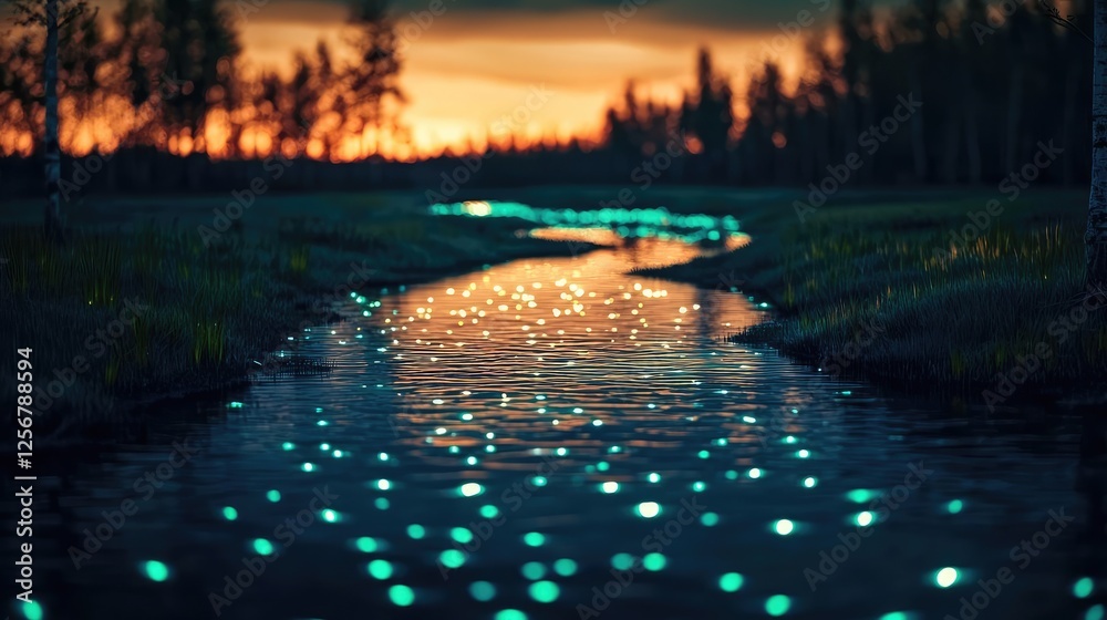 Aufkleber glow forest idea. a serene river at sunset, illuminated by glowing reflections and surrounded by tre