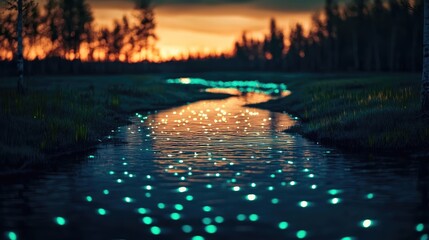 Glow forest idea. A serene river at sunset, illuminated by glowing reflections and surrounded by trees.
