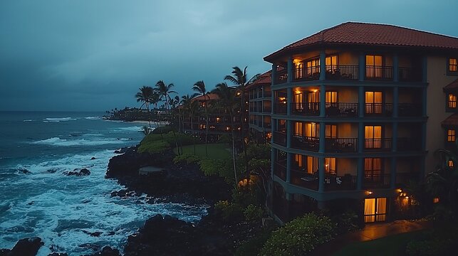 Oceanfront condos at dusk, waves crashing, palm trees, tropical vacation