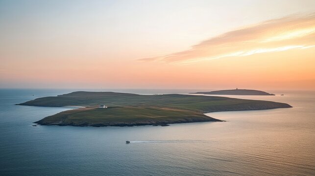 Sunset over the serene Orkney Islands, Scotland. A picturesque landscape of calm waters, grassy isles, and a peaceful sunset.