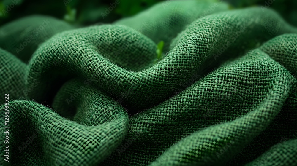 Poster close-up of luxurious emerald green burlap fabric, showcasing its rich texture and natural folds. pe