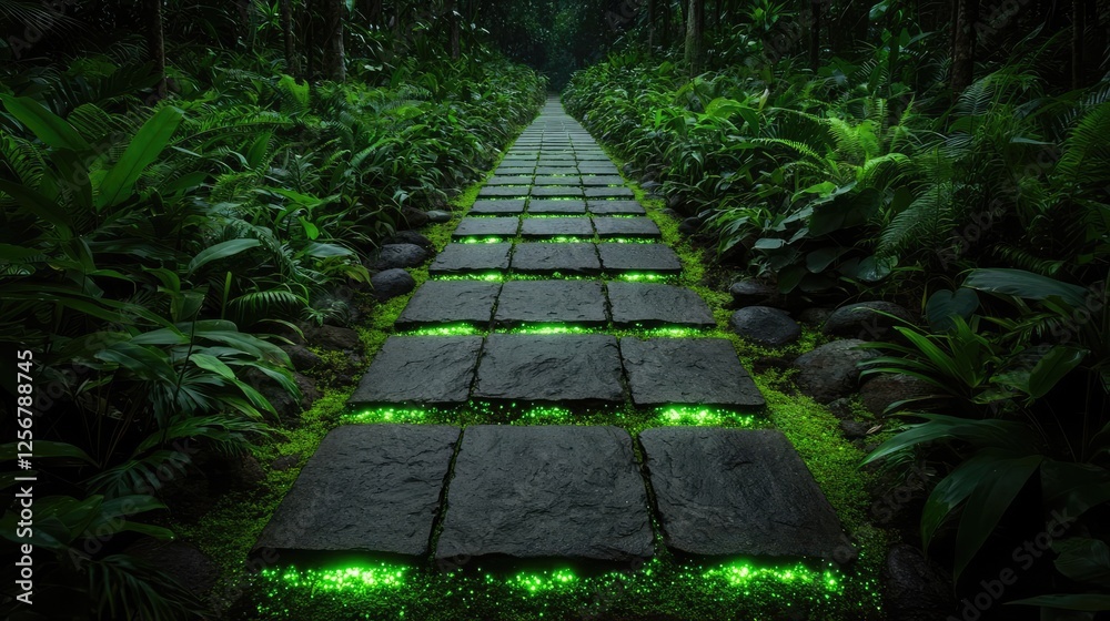 Poster Glow forest concept. A tranquil stone pathway illuminated by glowing green elements in a lush forest.
