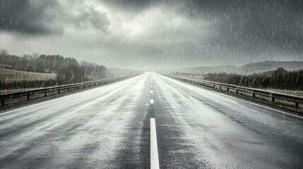 Empty highway under heavy rain with dark clouds and misty hills