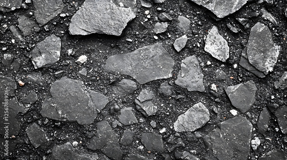 Poster close-up of dark grey stones, showing texture and irregularity. macro texture backgrounds. dark grey
