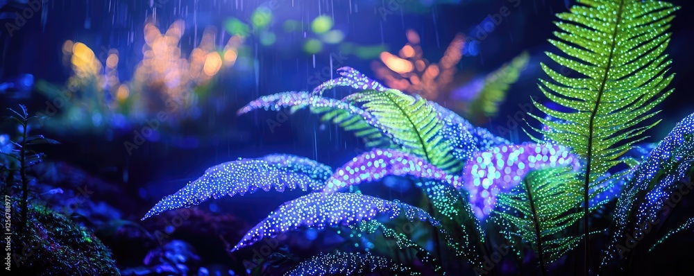 Poster Glow forest concept. Lush ferns illuminated by colorful lighting in a serene natural setting.