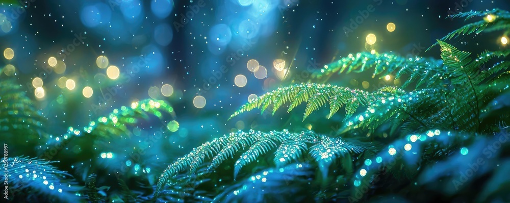 Aufkleber glow forest concept. a serene view of dew-kissed ferns illuminated by soft, magical bokeh lights.