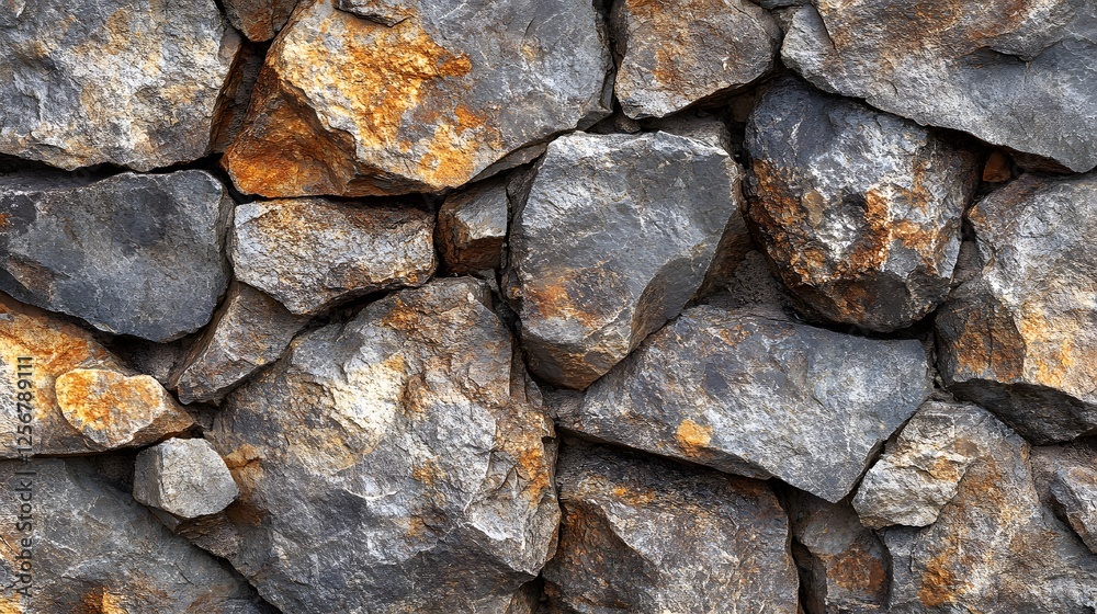 Poster close-up of coarse surface grey and gold stones, showing texture and irregularity. macro texture bac