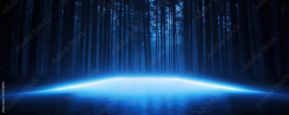 Poster glow forest concept. mysterious blue light illuminating a dark forest, creating an eerie and captiva