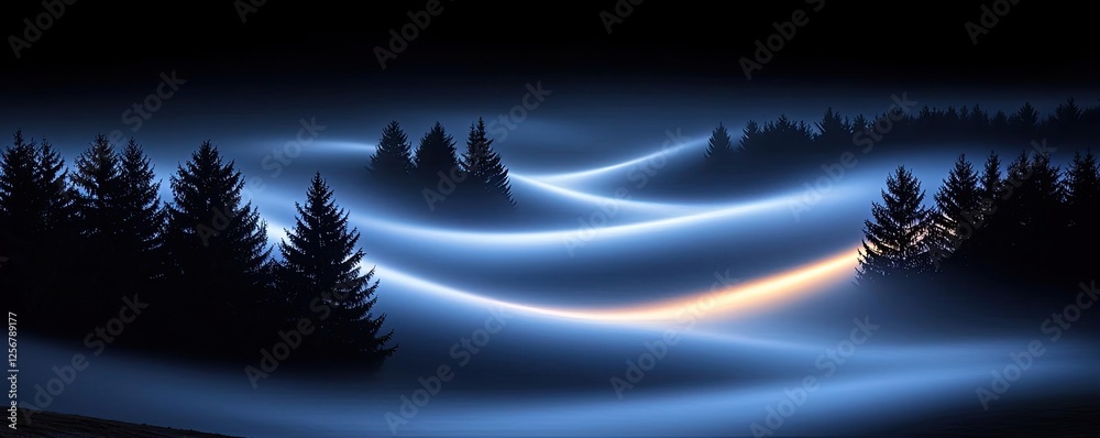 Poster glow forest concept. serene landscape with ethereal mist over rolling hills and silhouetted trees at