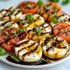 Grilled tomato and egg salad, balsamic glaze, basil