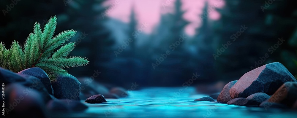 Aufkleber glow forest idea. serene river scene surrounded by lush greenery and tranquil rocks at dusk.