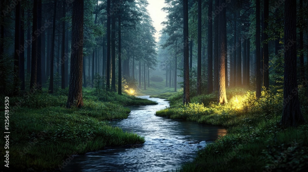 Poster Glow forest idea. A serene forest scene with a gentle stream and soft light illuminating the surroundings.