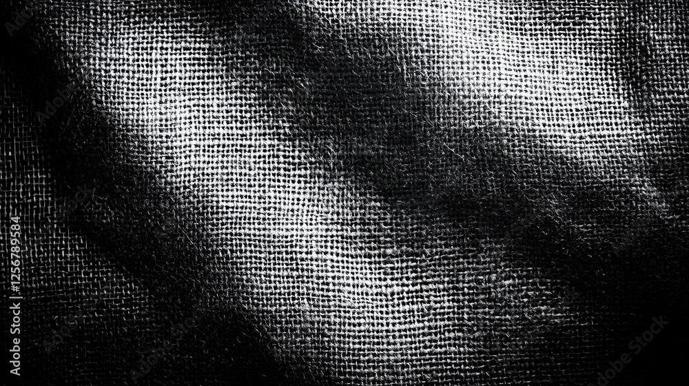 Poster Close-up shot of burlap texture with dramatic lighting creating strong contrasts of light and shadow. Monochromatic palette Macro Texture Backgrounds. Monochromatic Canvas of Light and Shadow Textire
