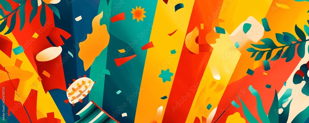 Poster Vibrant abstract backdrop with exploding confetti and streamers for celebratory events