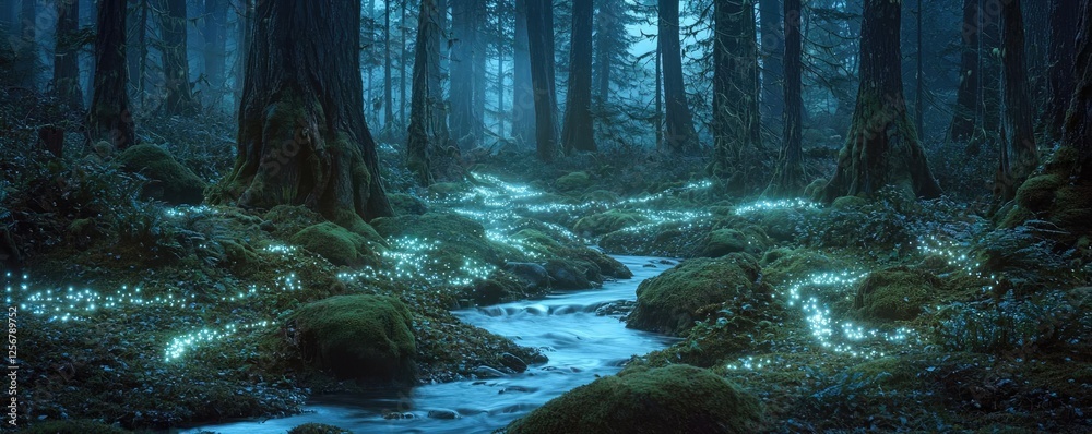 Poster glow forest idea. a serene forest at night with glowing elements and a gentle stream flowing through