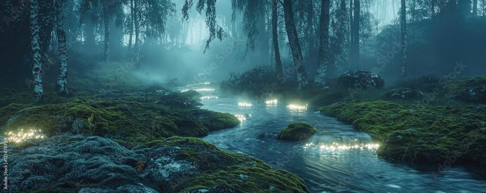 Aufkleber glow forest idea. a serene, misty forest with a gentle stream illuminated by enchanting lights.