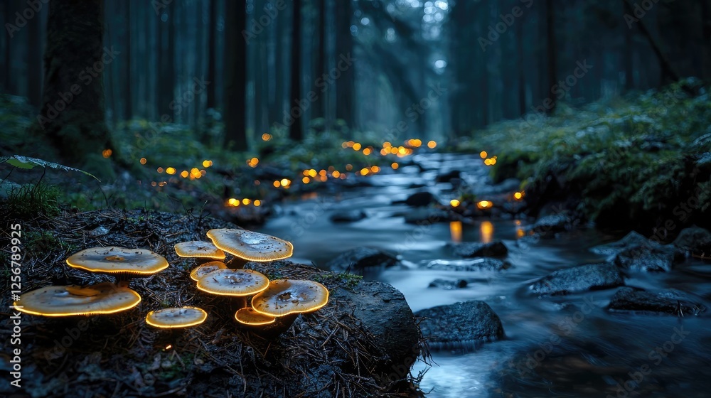 Poster glow forest concept. mushrooms glow softly beside a tranquil stream in a dark, enchanted forest.