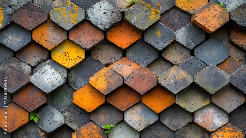 Aufkleber close-up of a wall made of colorful hexagonal tiles. abstract geometric pattern. macro texture backg