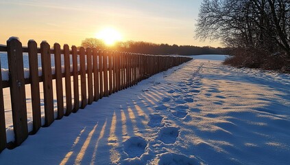 Fototapeta premium Sunset's Golden Rays Illuminate Snowy Path Beside Wooden Fence in Winter Wonderland