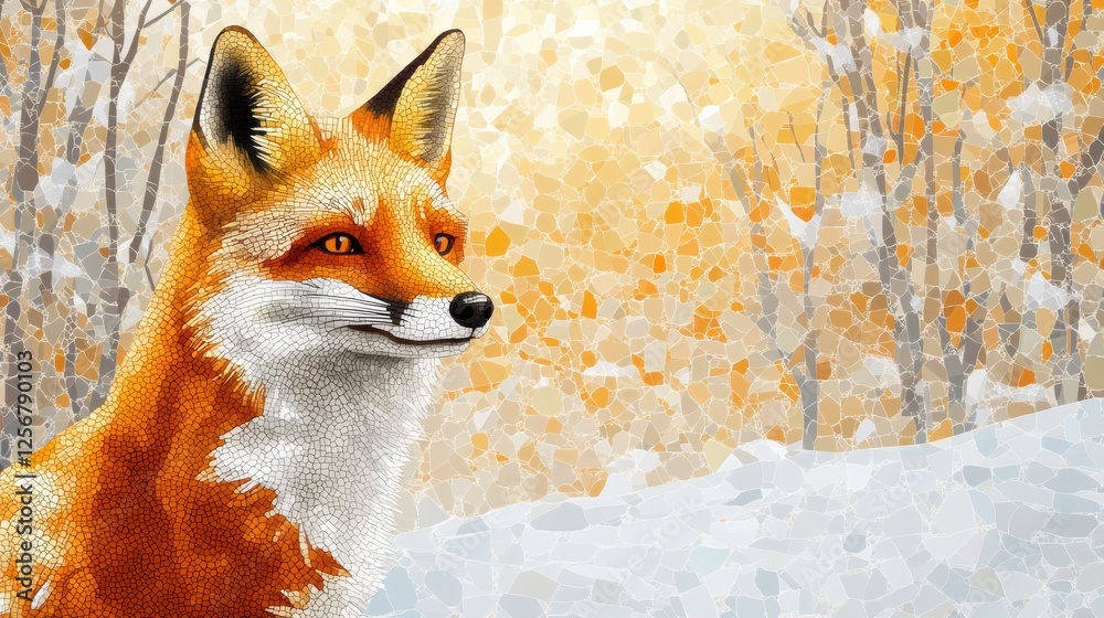 Leinwandbilder mosaic fox portrait with intricate tessellated patterns in a snowy forest background during winters 