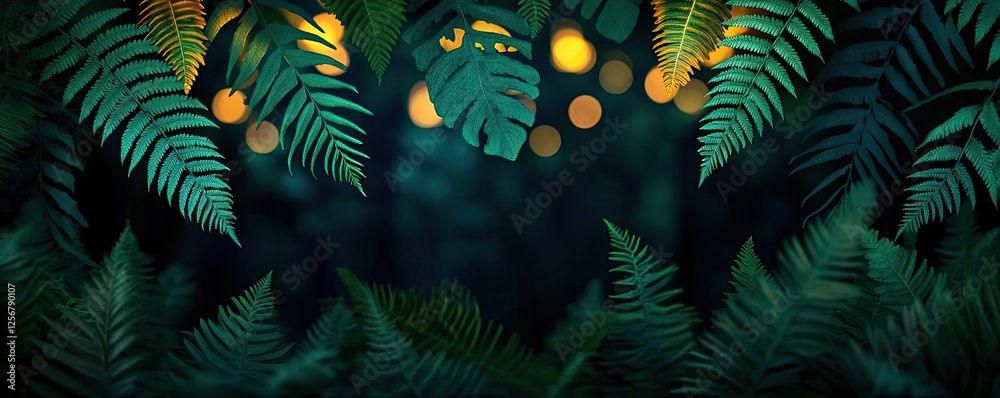 Aufkleber glow forest concept. lush green ferns with shimmering lights, creating a tropical rainforest ambianc