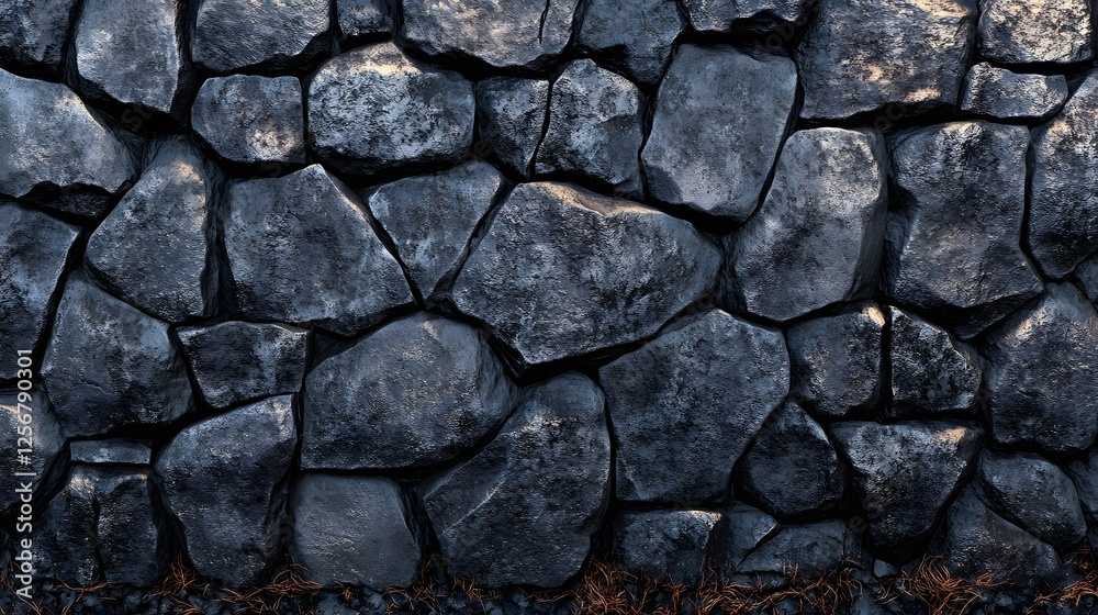 Poster image of a dark stone wall, perfect as a background. the rough texture of the stones provides a rust