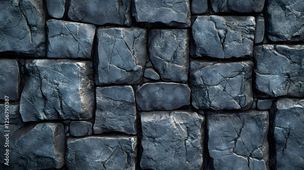 Poster a detailed close-up of a dark grey stone wall, showing a seamless pattern of rough-hewn, cubical roc